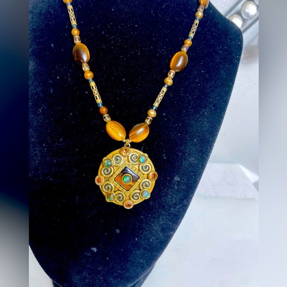 Vintage Necklace. Brass & Bead Tiger Eye Michael Golan 18" - Picture 3 of 10